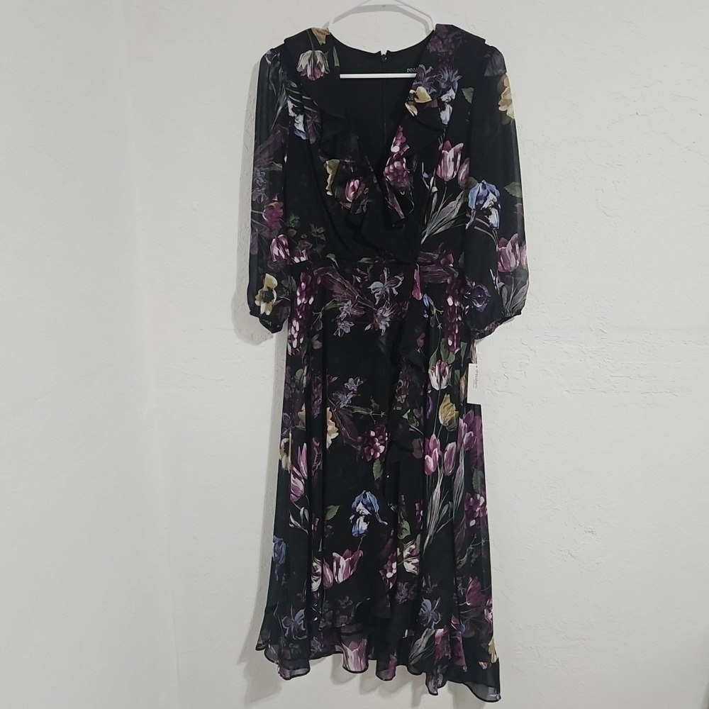 Roz & Ali Women's Black 3/4 Sleeve Floral Faux Wrap Dress Size 2 Whimsigoth Y2k